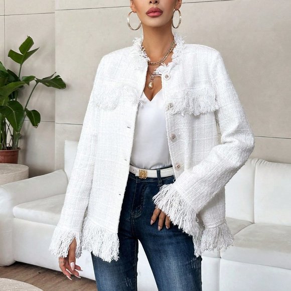 White Casual Womens Raw Trimmed Flap Detail Tweed Overcoat - Picture 4 of 6